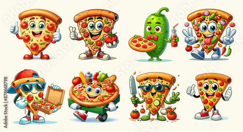 A collection of funny cartoon pizza vector illustrations is the shirt design
