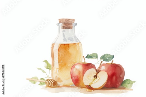 Watercolor Illustration of Apple Cider Vinegar with Fresh Red Apples and Honey Dipper