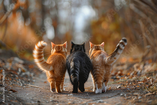 three cats showing her backs while stolling away photo