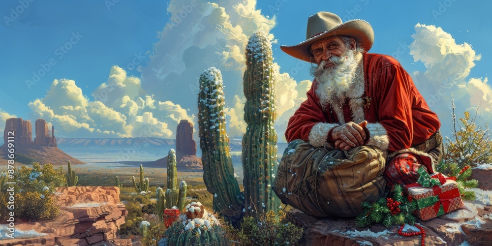 Santa Claus dressed as cowboy in desert landscape with cacti and Christmas presents. Holiday and Western theme concept. Banner with copy space