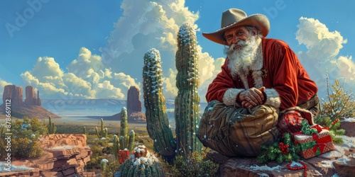 Obraz na płótnie Santa Claus dressed as cowboy in desert landscape with cacti and Christmas presents. Holiday and Western theme concept. Banner with copy space w salonie