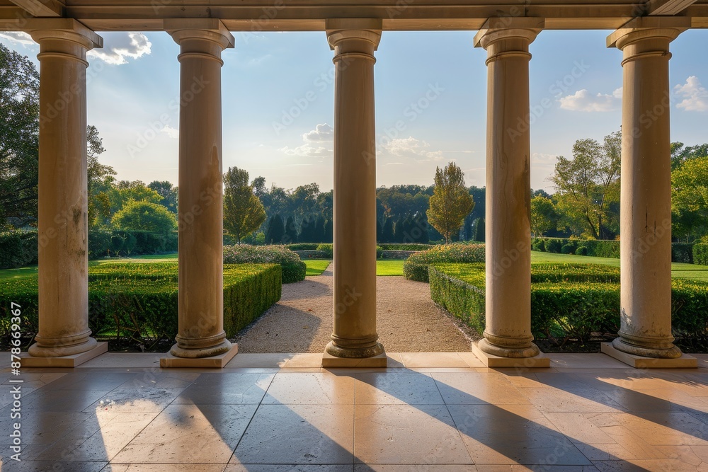 Fototapeta premium View of a garden below, seen from a grand building with Doric columns, Capture the elegance of Doric columns in a modern interpretation