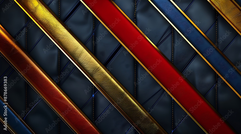 Elegant abstract background featuring colorful golden, red, and blue stripes on dark navy blue leather texture, ideal for business concepts. Elegant abstract background featuring colorful golden, red, and blue stripes on dark navy blue leather texture, ideal for business concepts.