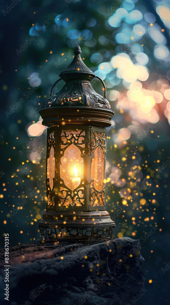 A beautifully ornate metal lantern, intricately designed with elaborate patterns and aged to show a rustic look, holds a flickering candle inside. The lantern sits on a rough, weathered piece of wood.