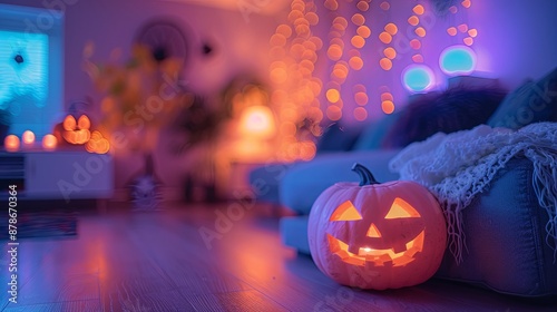 A cozy living room decorated for Halloween, featuring a glowing jack-o'-lantern, warm orange lights, and soft, ambient lighting.