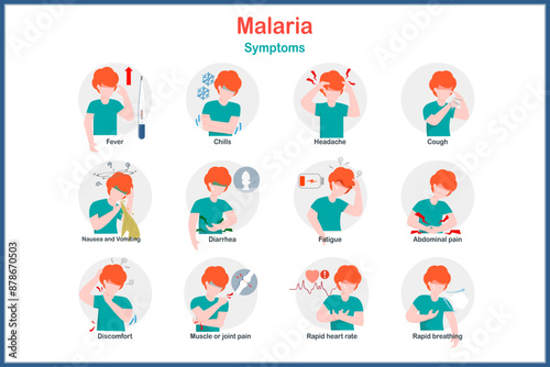 Medical illustration concept in flat style of malaria, malaria symptoms such as high fever,chills,cough, nausea,vomiting and diarrhea.Rapid heart rate and rapid breathing.