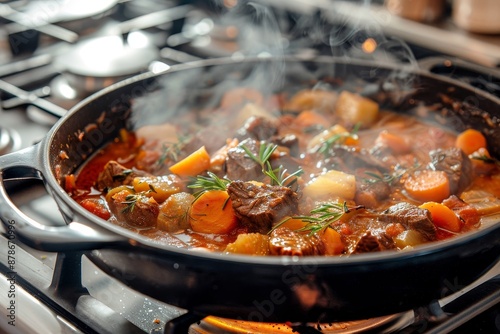 A pot of hearty beef stew cooking on a stovetop, simmering to perfection, Capture the essence of a hearty beef stew simmering on a stove