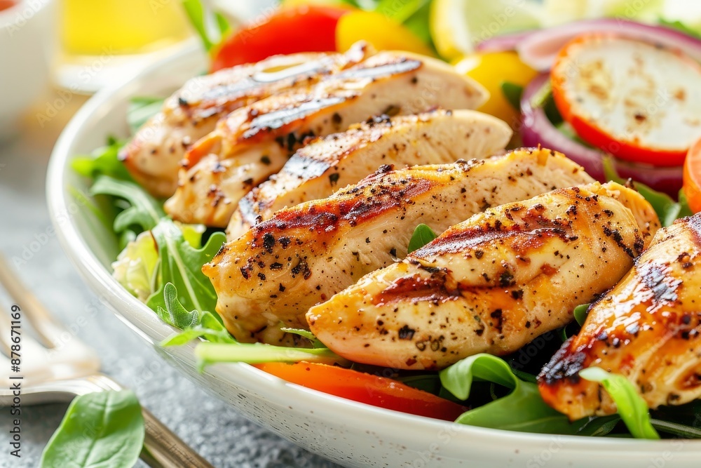 A white bowl filled with grilled chicken and assorted vegetables, Capture the essence of a satisfying grilled chicken salad
