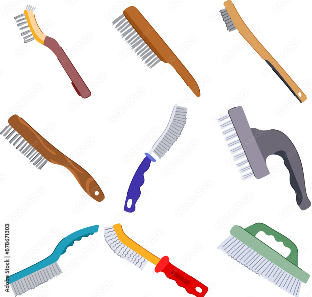 wire brush set cartoon. cleaning cup, abrasive steel, wood tool wire brush sign. isolated symbol vector illustration