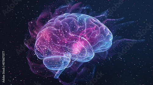 Illustration of a hologram of a brain with digital particles around it