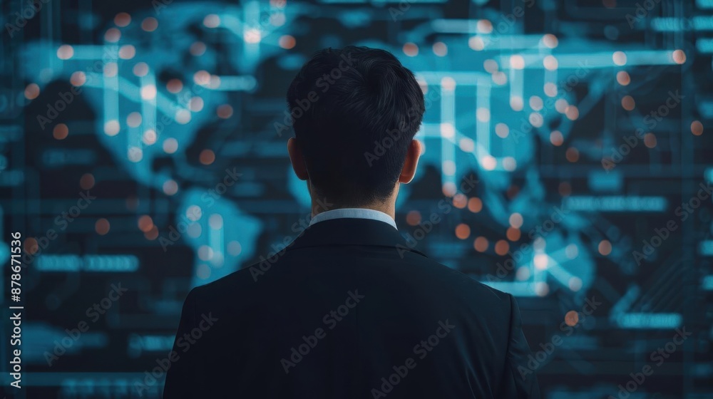 Business professional analyzing a global network data map, highlighting international connections and technology-driven insights. Business professional analyzing a global network data map, highlighting international connections and technology-driven insights.