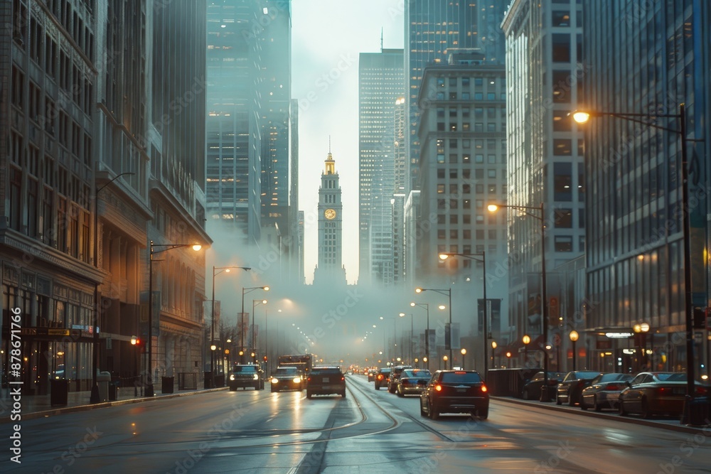 A city street flanked by numerous towering buildings in Chicago, Capture the essence of Chicago's skyline during a bustling weekday morning A city street flanked by numerous towering buildings in Chicago, Capture the essence of Chicago's skyline during a bustling weekday morning