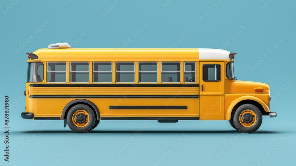 School bus isolated on blue. Yellow vehicle for students, side view