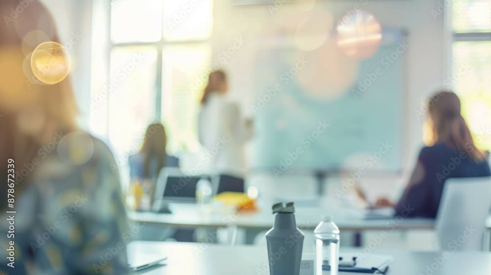 Obraz premium Blurred people meeting workspace. Workspace with blurred people in a conference room setting.