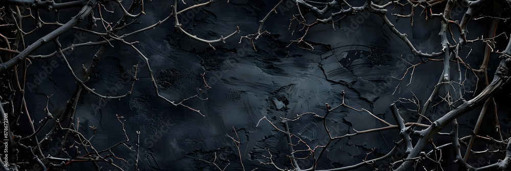Fototapeta premium Gothic Dark Fantasy Background Composed of Dry Branches, Thorns, and Ivy. Old Black Grunge Background with Spooky Dry Branches and Thorns. Medieval Fantasy Concept for Dark Series, Halloween Backgroun