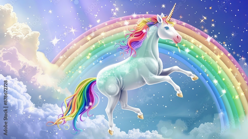 Rainbow unicorn fantasy art. Magical unicorn flying through the clouds with a rainbow. Perfect for kids rooms, fantasy decor, or fairytale illustrations. Rainbow unicorn fantasy art. Magical unicorn flying through the clouds with a rainbow. Perfect for kids rooms, fantasy decor, or fairytale illustrations.