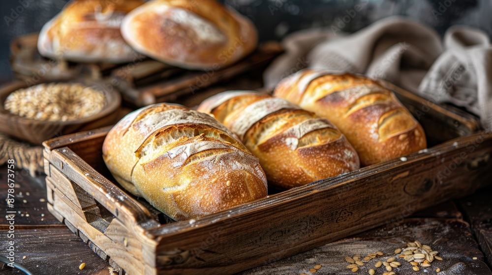 Rustic style sourdough bread on wooden tray and background Rustic style sourdough bread on wooden tray and background