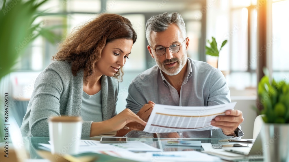 Discussing financial strategies with advisor, middle-aged couple Discussing financial strategies with advisor, middle-aged couple
