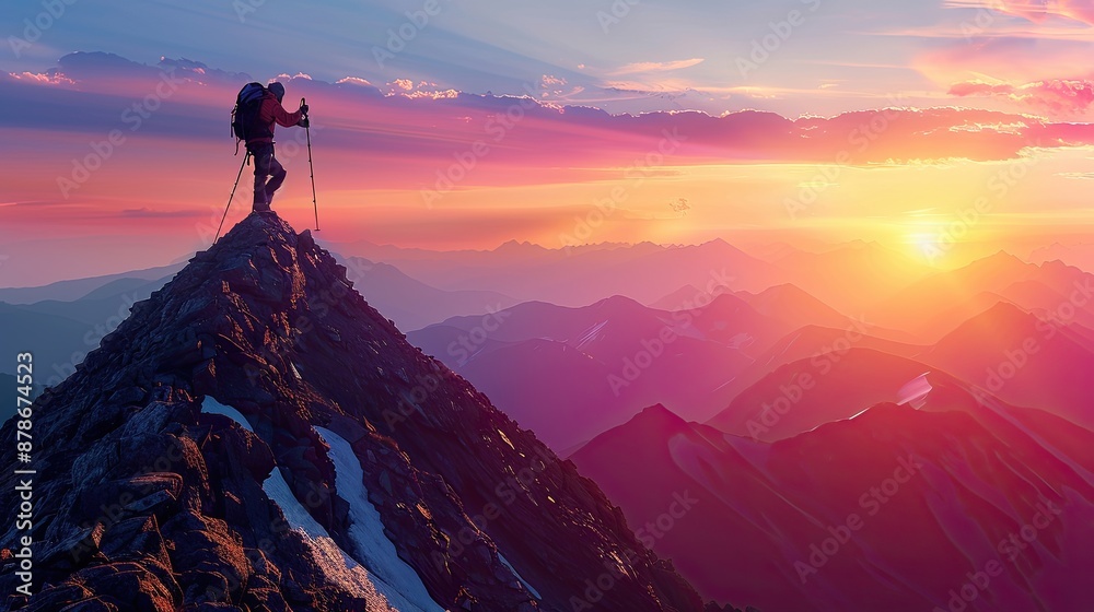 Man with backpack standing on the top of mountain and enjoying the view. Travel concept. Achieving your dreams. Digital art in watercolor style. Illustration for cover, card, interior design or print. Man with backpack standing on the top of mountain and enjoying the view. Travel concept. Achieving your dreams. Digital art in watercolor style. Illustration for cover, card, interior design or print.