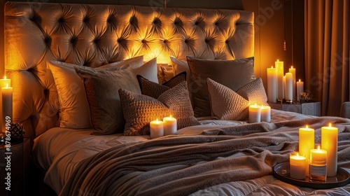 A luxurious bedroom featuring a plush velvet headboard and designer furnishings, softly lit by strategically placed candles that enhance the rich textures of the rooma??s fabrics. photo