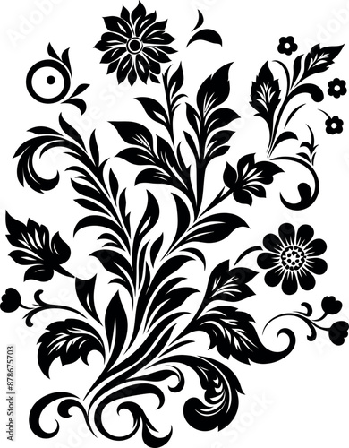 decorative Floral design Silhouette Motif Pattern, Flower design elements silhouette pattern black and white © Graphicyes