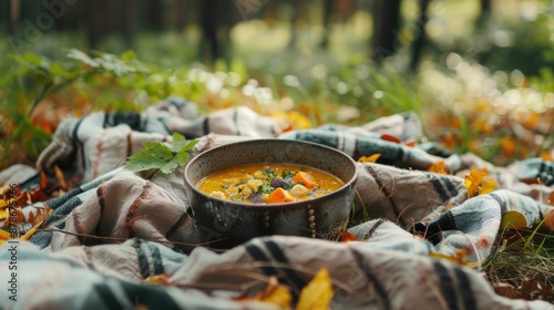 autumn picnic with a bowl of butternut squash soup photo