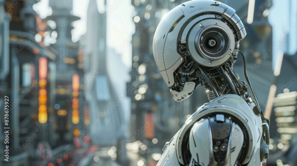 Fototapeta premium An advanced humanoid robot in a futuristic cityscape with cuttingedge technology, embodying science and innovation