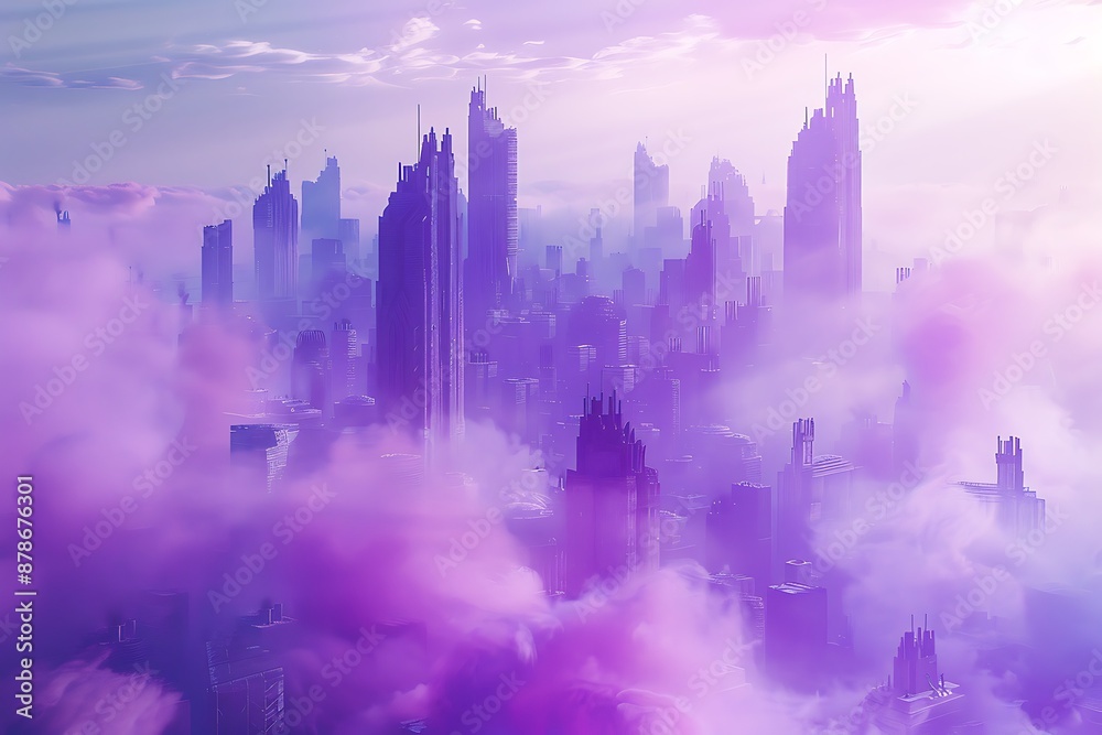 A futuristic cityscape shrouded in a perpetual haze of purple smoke A futuristic cityscape shrouded in a perpetual haze of purple smoke