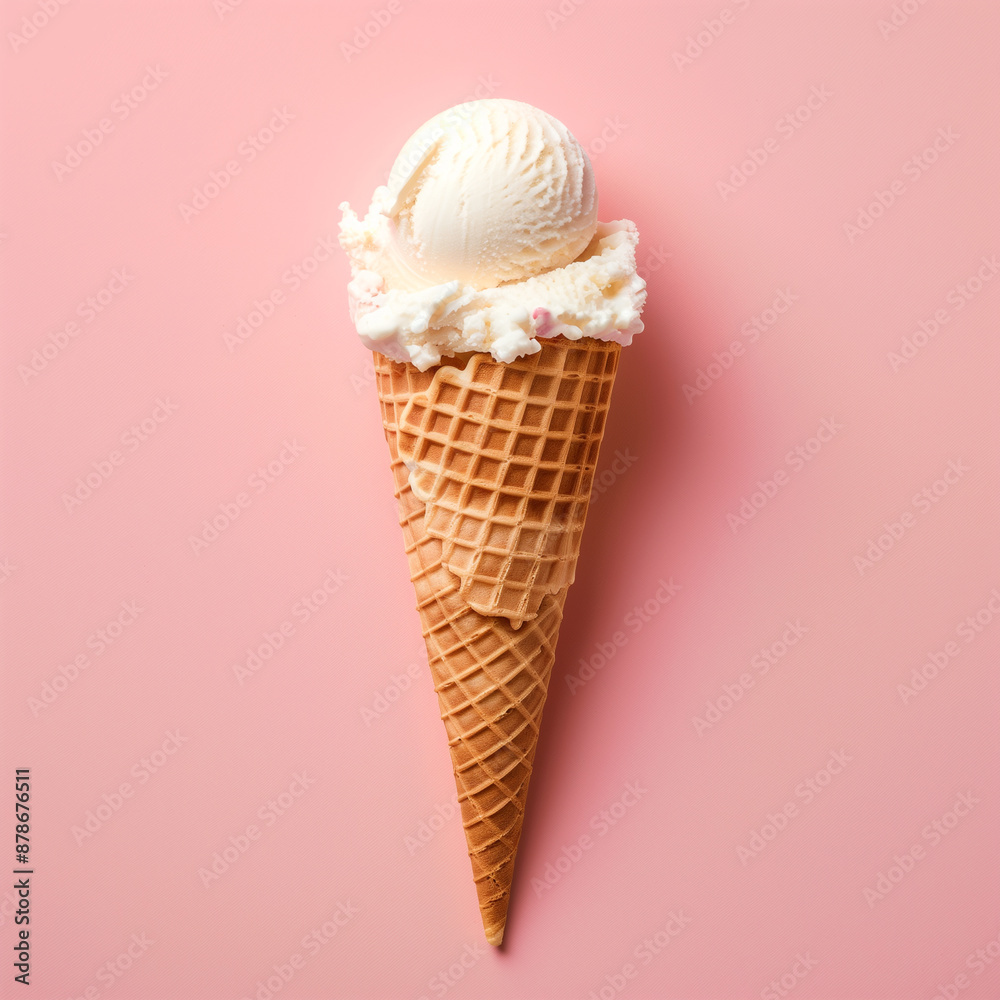 A minimalistic photo of an ice cream cone with vanilla flavor scoop, pastel pink background A minimalistic photo of an ice cream cone with vanilla flavor scoop, pastel pink background