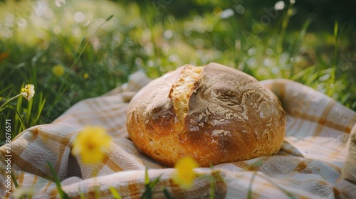 freshly baked bread on a picnic blanket in a field of wildflowers