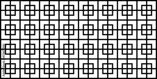 Asian seamless pattern with squares, lines. Black and white geometric background.