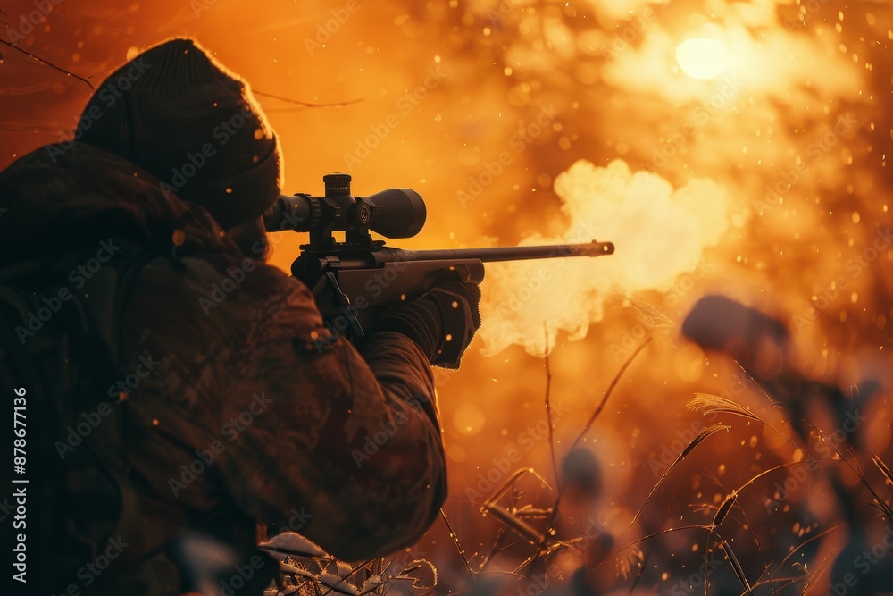 Man holding rifle in front of fire, preparing to shoot in a hunting scene, Capture the moment of a hunter taking aim with a rifle Man holding rifle in front of fire, preparing to shoot in a hunting scene, Capture the moment of a hunter taking aim with a rifle
