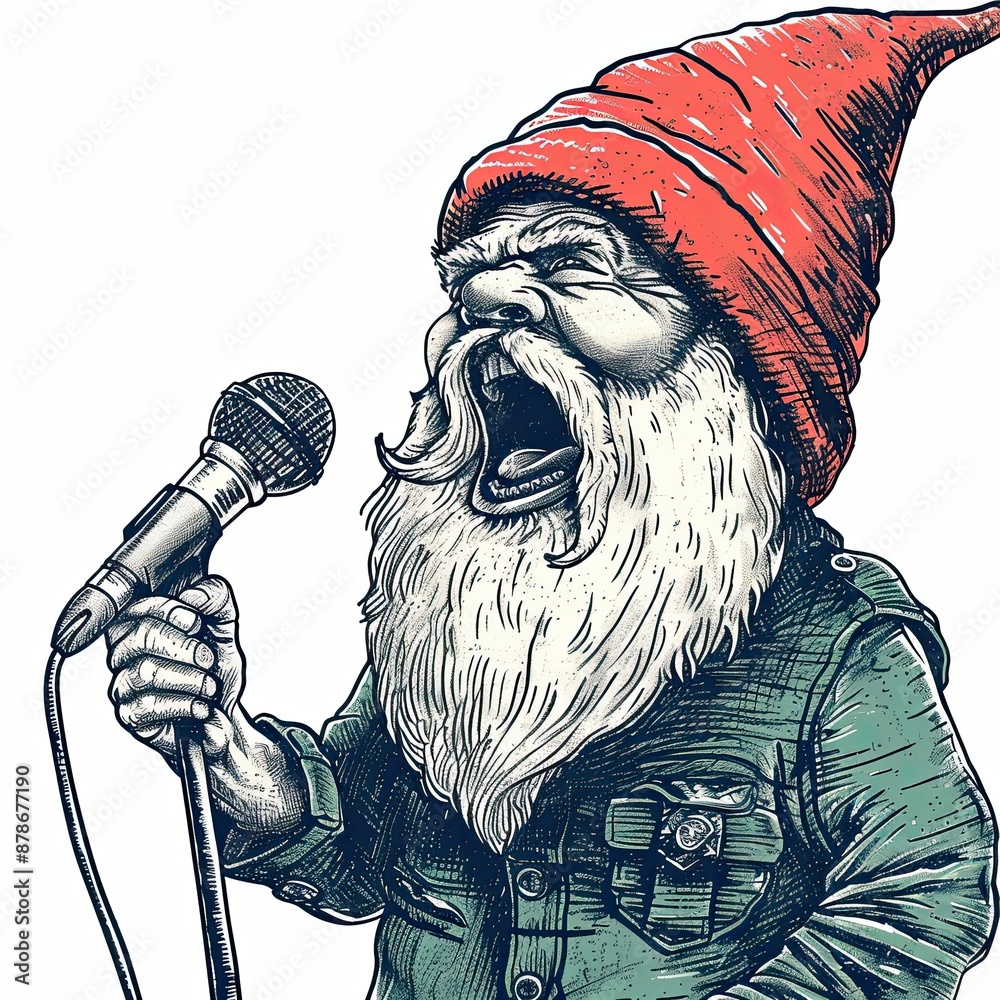 Fototapeta premium A gnome in a green coat and red hat sings or shouts into a microphone. Fairy tale character. Illustration for cover, card, postcard, interior design, decor or print.