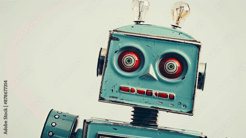Fototapeta premium The face of a friendly vintage toy robot. Fun robotic toy. Technology and engineering concept. Illustration for varied design.