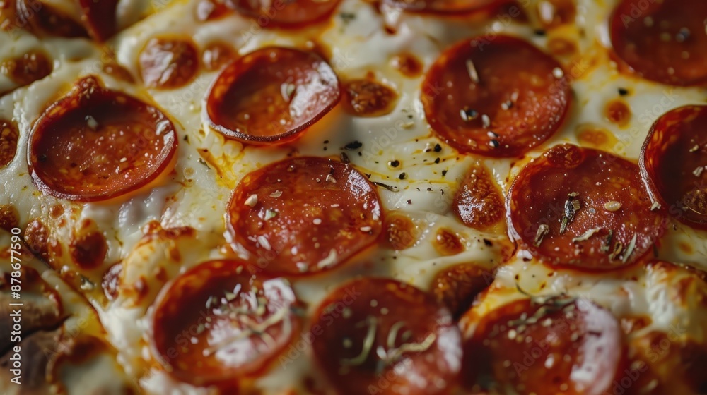 Pepperoni pizza with melted cheese and spices, close up Pepperoni pizza with melted cheese and spices, close up