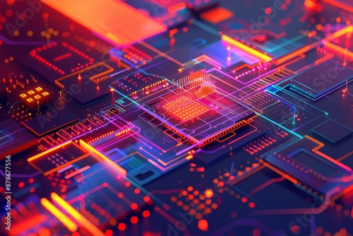 Computer Circuit Board Illuminated by Neon Lights, Capture the potential of AI algorithms in optimizing cloud-based services with bold, abstract designs