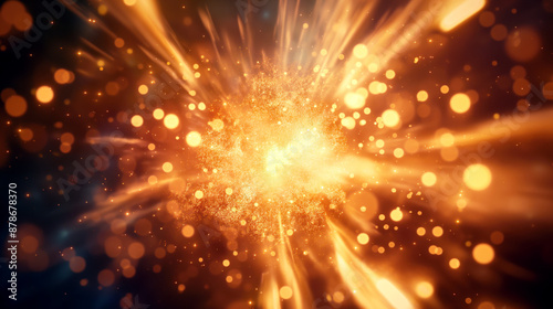 Dynamic explosion of glowing particles and light rays in vibrant orange tones. © Natalia