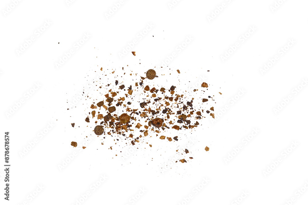 Ground Allspice, crushed pimento spice, Jamaican pepper pile isolated on white background. Pimento sprinkle. Ground Allspice, crushed pimento spice, Jamaican pepper pile isolated on white background. Pimento sprinkle.