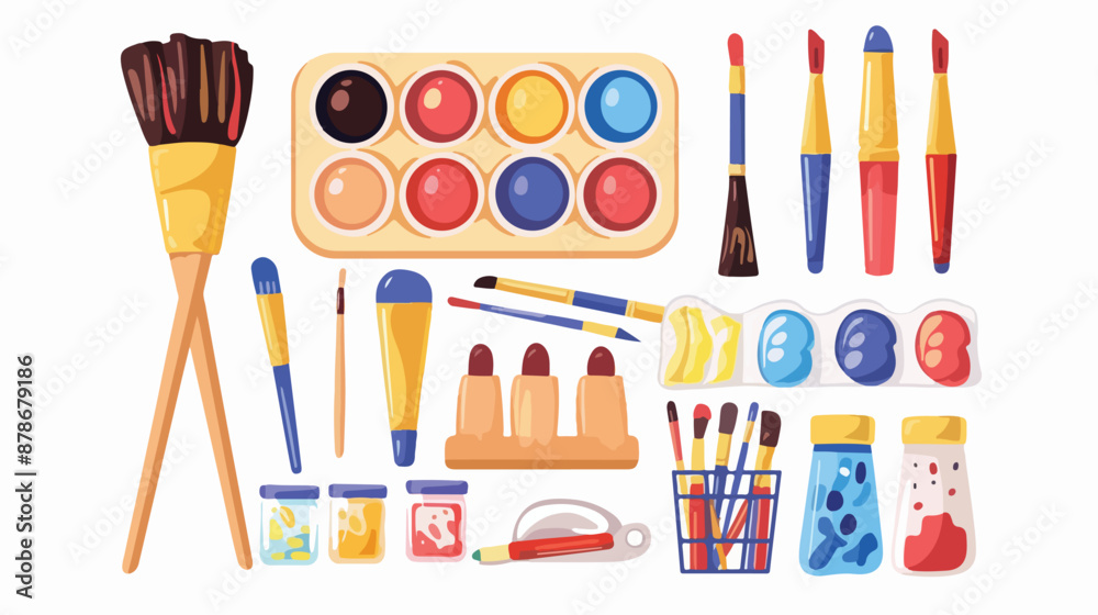 Art supplies collection. Painter brush palette Art supplies collection. Painter brush palette