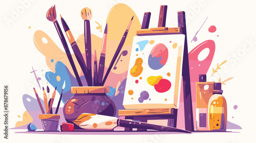 Art supplies banner. Kids creative arts school or cam