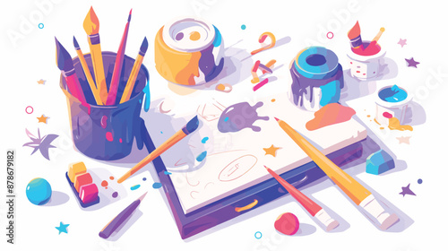Art supplies banner. Kids creative arts school or cam