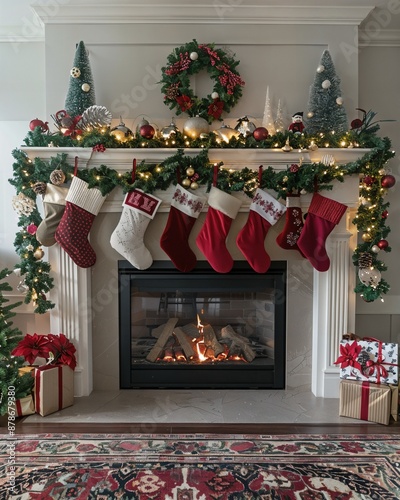 a fireplace decorated for christmas with stockings and stockings