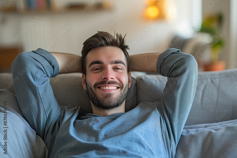 Content man lounging comfortably with hands behind head Content man lounging comfortably with hands behind head