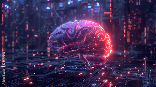 A neon-lit digital brain with glowing neural connections and data streams, floating in a dark, high-tech environment, symbolizing artificial intelligence and advanced computing photo