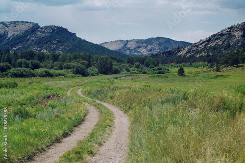 Road in mountains. Kazakhstan, Karkaralinsk. Film camera, Zenit-19