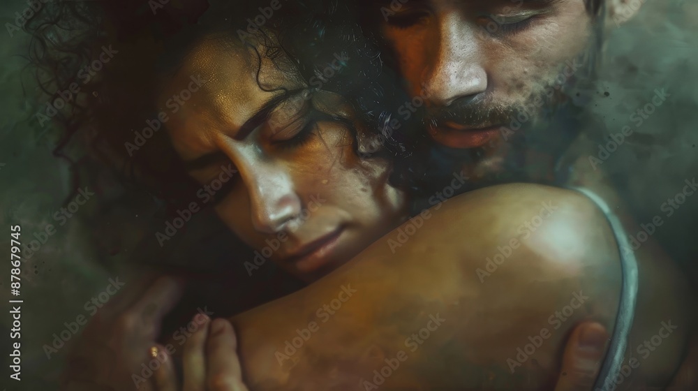 A close-up portrait of a man and woman embracing, their faces close together in a tender moment A close-up portrait of a man and woman embracing, their faces close together in a tender moment