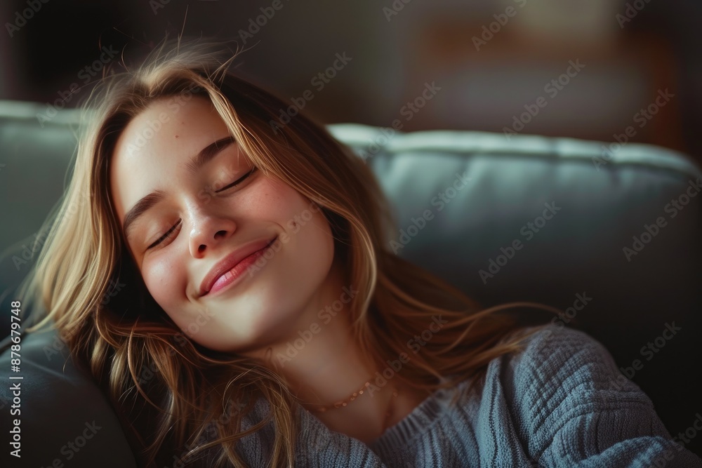 Happy woman with eyes closed in relaxing home environment Happy woman with eyes closed in relaxing home environment
