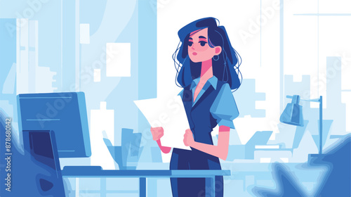 Asian business woman standing in office with long bill