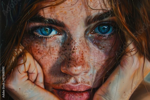 A painting depicting a woman with freckles on her face, highlighting her unique features in a realistic style, Capturing the essence of genuine emotions in a portrait photo