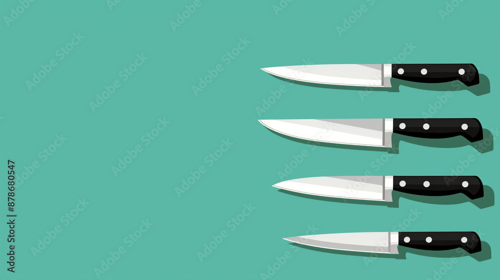 A series of four kitchen knives with black handles on a mint green background. A series of four kitchen knives with black handles on a mint green background.